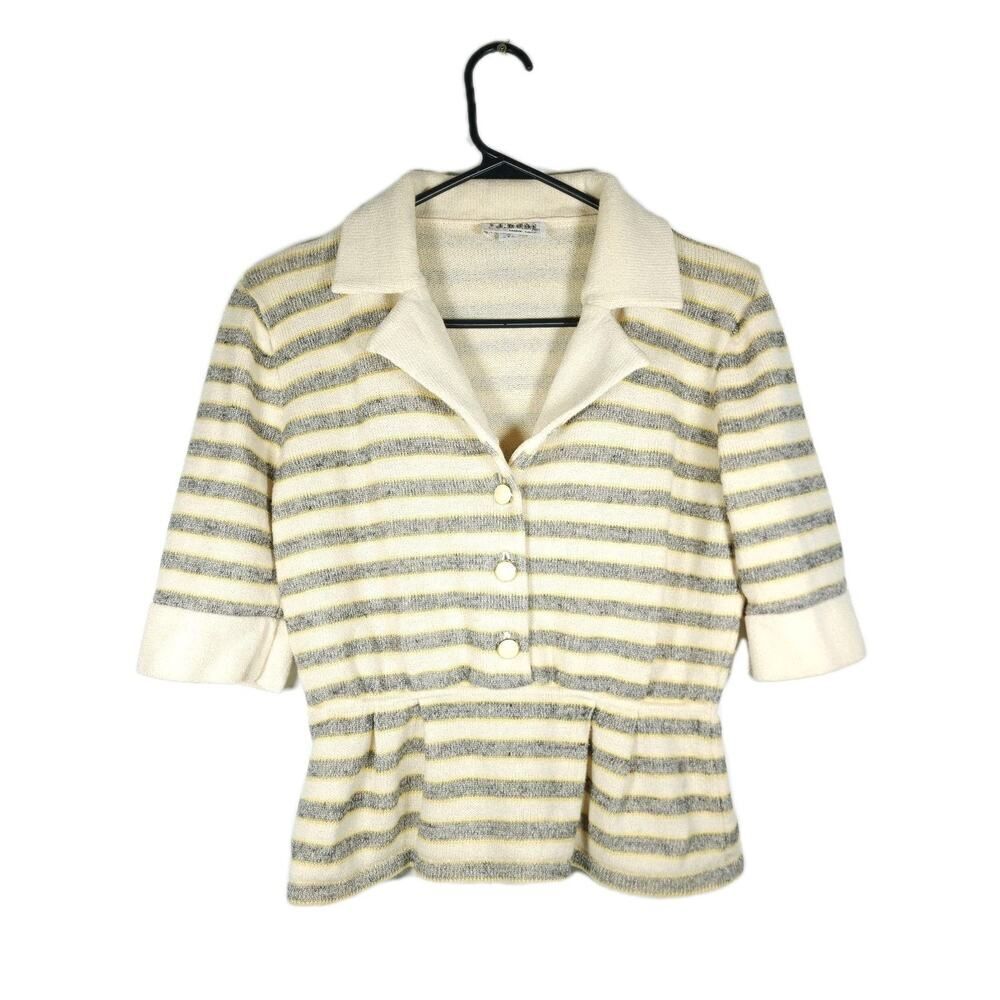 St John By Marie Gray Women's Sz12 Knit Cream Striped Buttonup Top Sweater